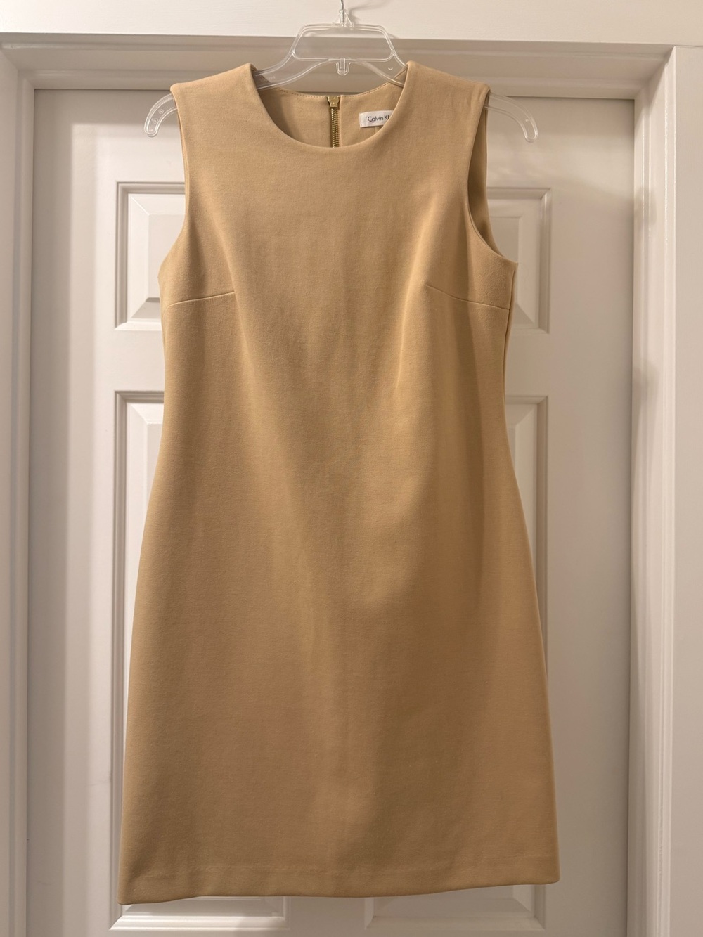 Calvin Klein Sleeveless Sheath Dress in Camel with gold zipper back.